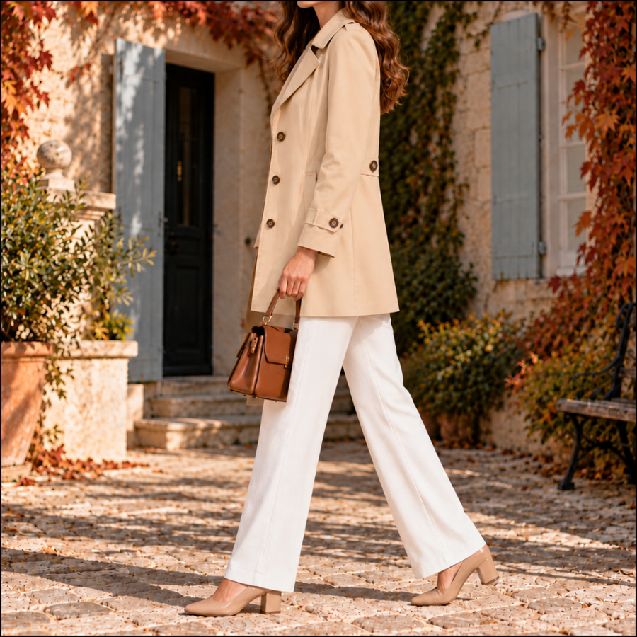 Trench femme mi-long beige vu de profil avec pattes de manches boutonnées