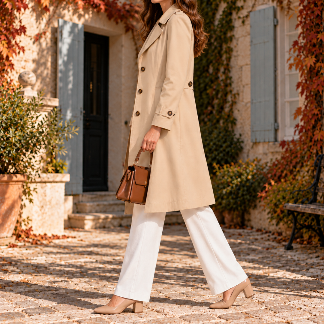 Trench beige vu de profil, patte de manche boutonnée et sac à main