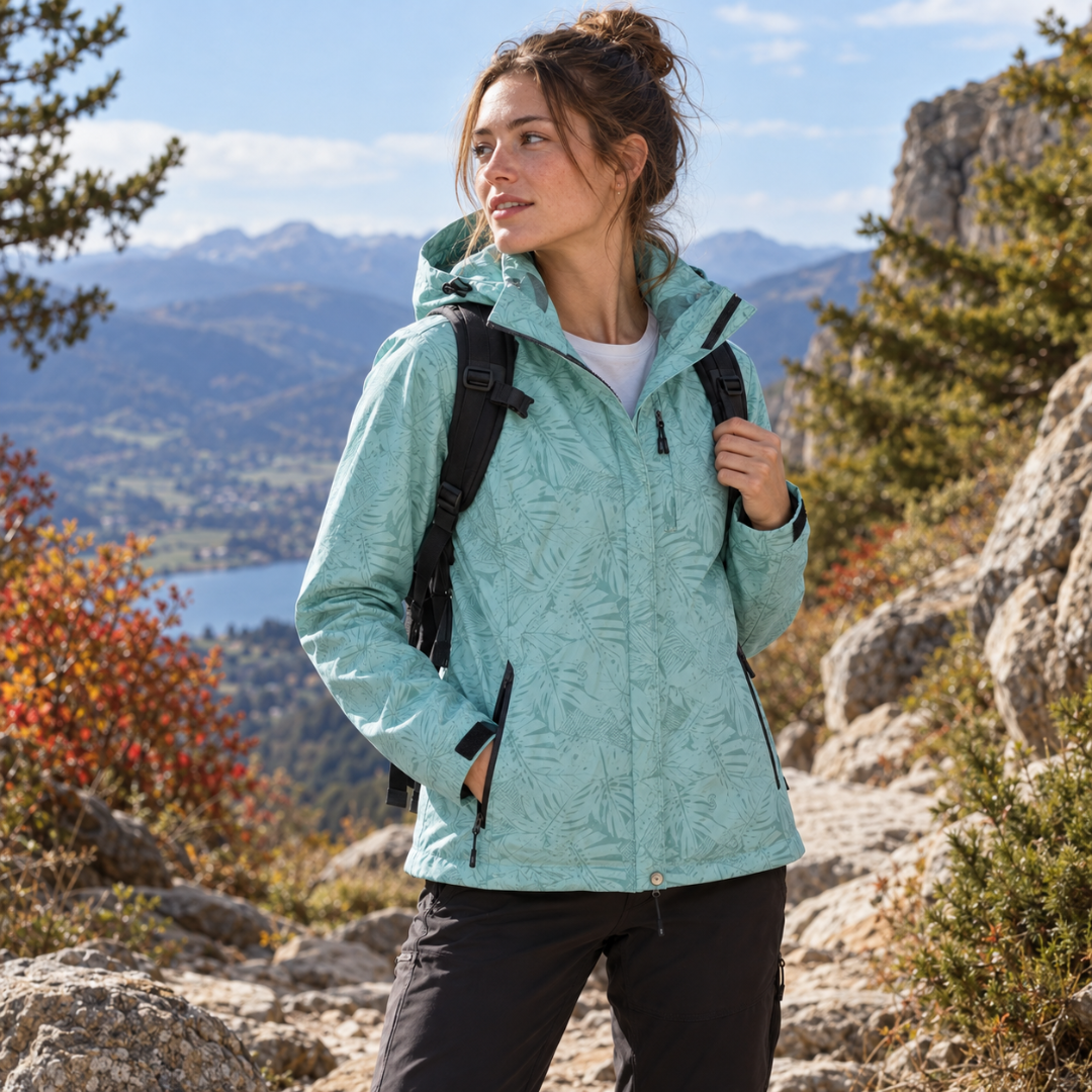 Veste à capuche femme bleu clair à imprimé feuillage, portée ouverte en montagne