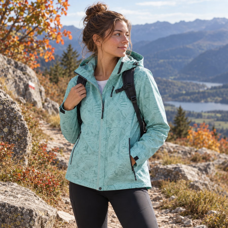 Veste femme bleu clair zippée avec capuche et poches zippées sur un sentier