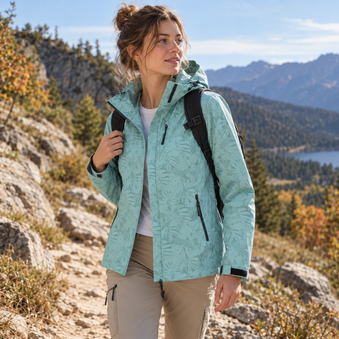 Veste à capuche bleu clair avec col montant et poche poitrine zippée, vue de face