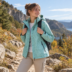 Veste femme bleu clair à imprimé feuillage ton sur ton et poignets contrastés