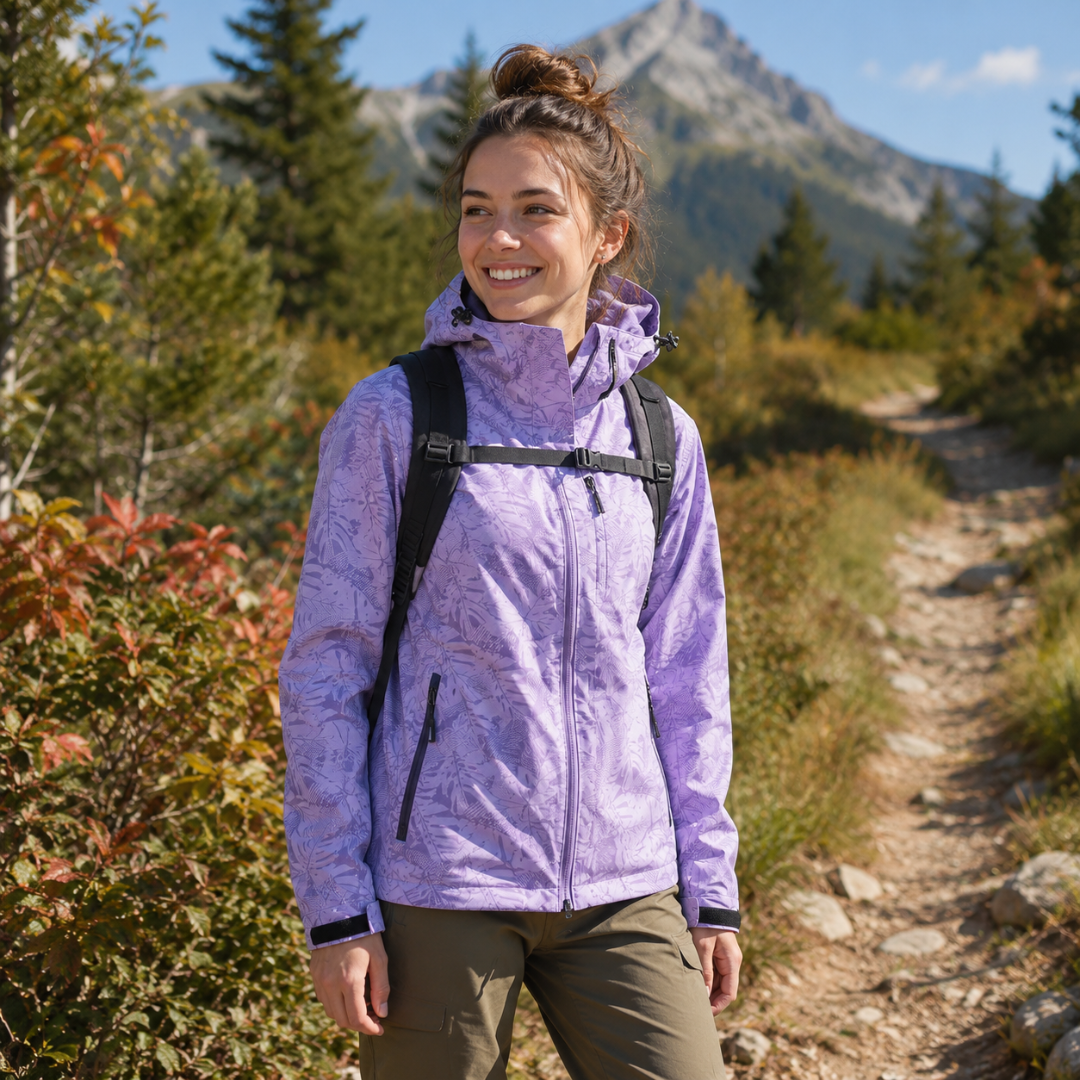 Veste femme violet clair zippée à capuche et col montant, portée en randonnée