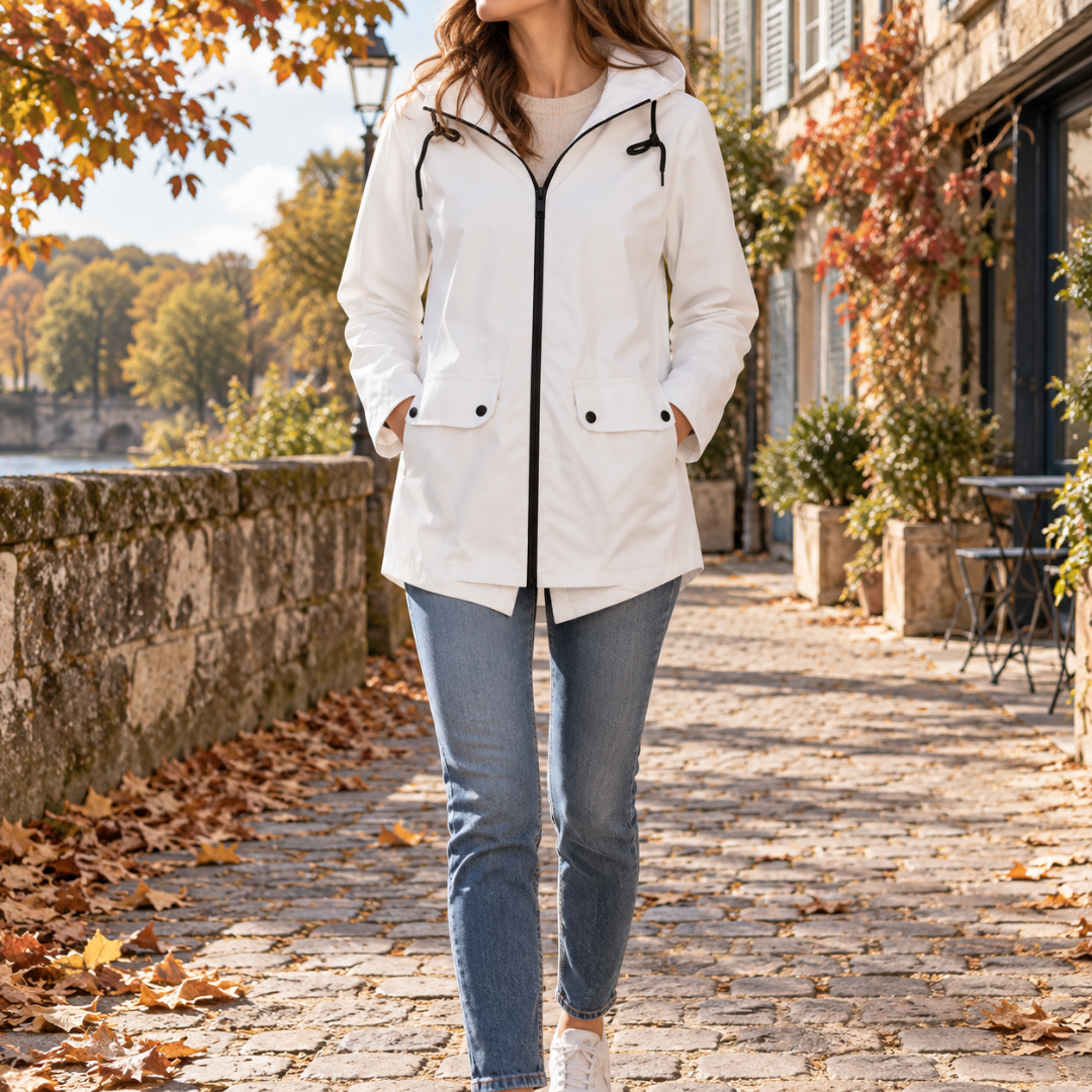 Veste à capuche femme blanche avec zip noir contrastant et cordons de capuche