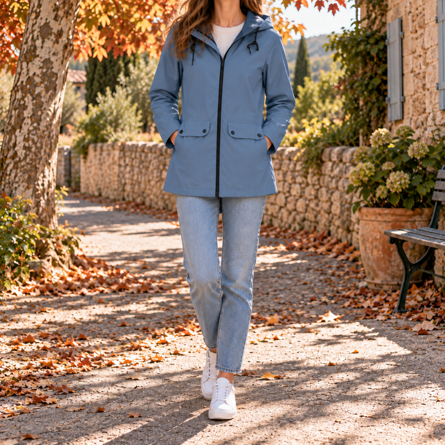 Veste à capuche femme bleu clair, zip noir et poches à rabat, allée automnale