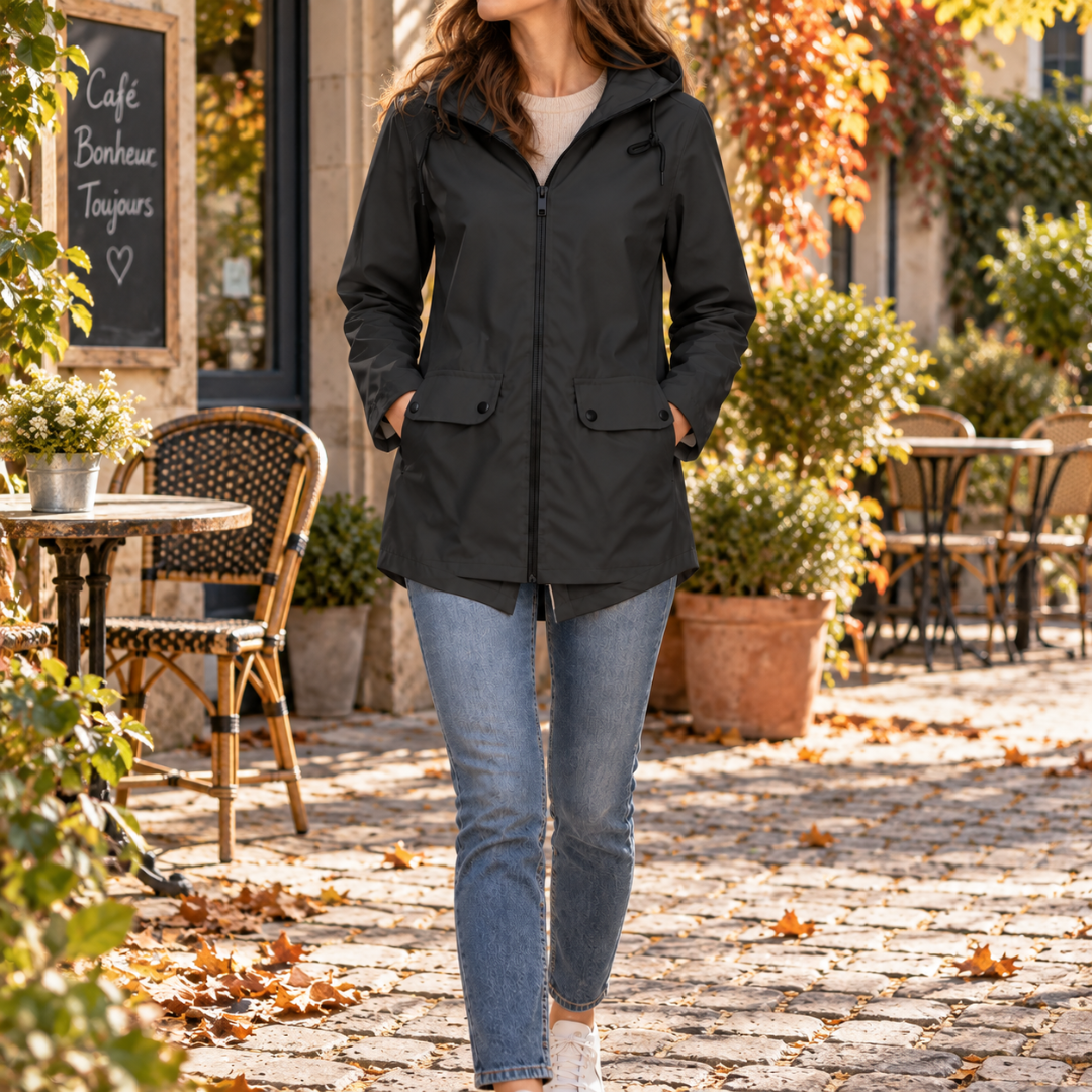 Veste à capuche femme noire zippée, poches à rabat et bas légèrement allongé