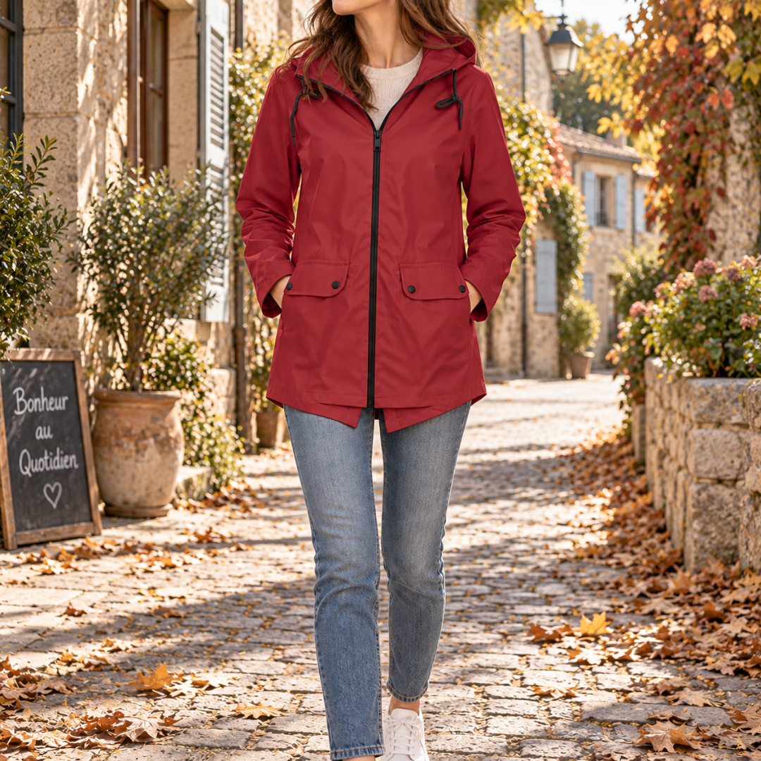 Veste à capuche femme rouge à zip noir et deux poches à rabat