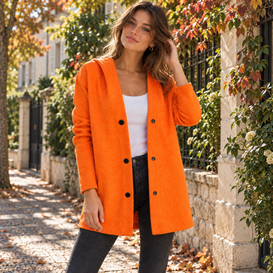 Veste orange à capuche et boutons noirs contrastants alignés sur le devant