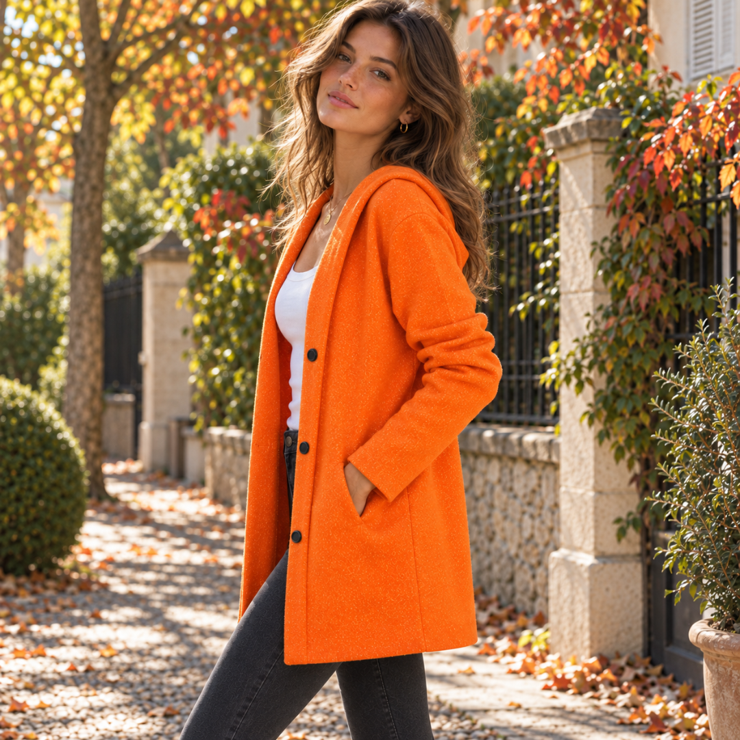 Vue de profil de la veste orange à capuche avec poche latérale plaquée
