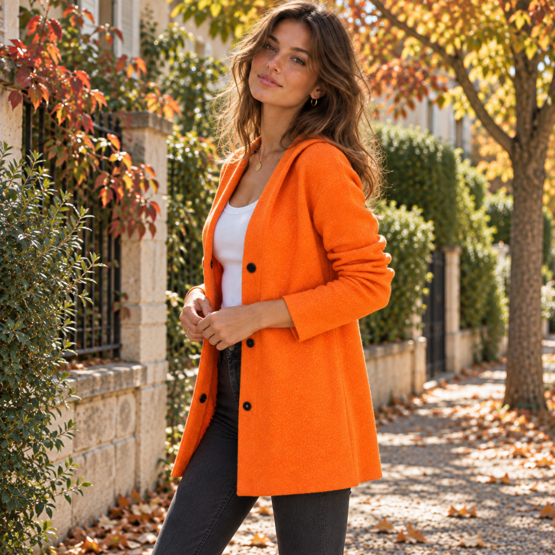 Veste orange à capuche de trois quarts, coupe droite jusqu'à mi-cuisse