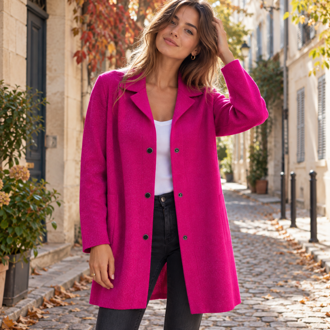 Veste femme rose vif à col cranté, boutons contrastants et manches longues