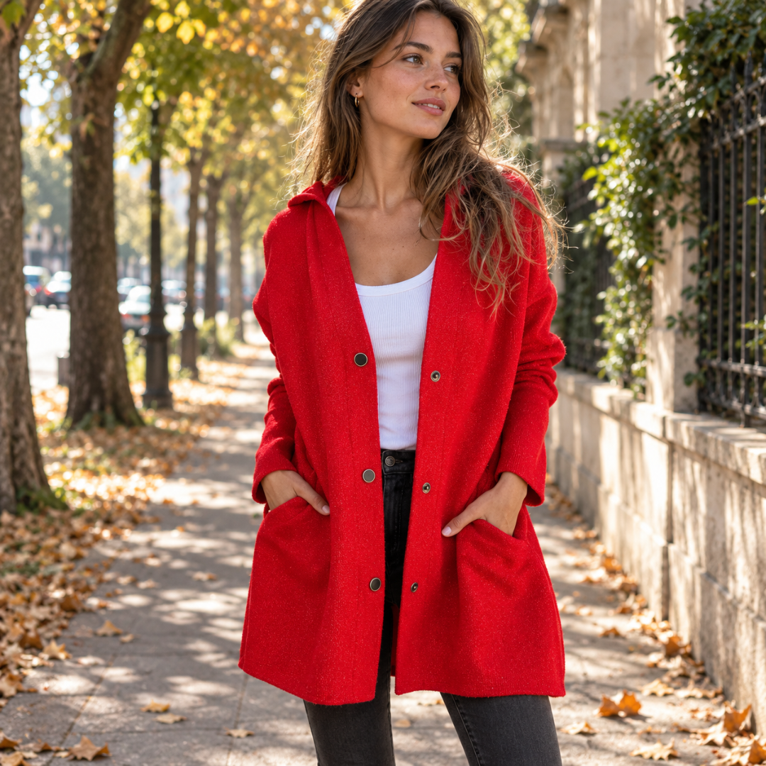 Veste à capuche femme rouge, mains dans les deux poches plaquées