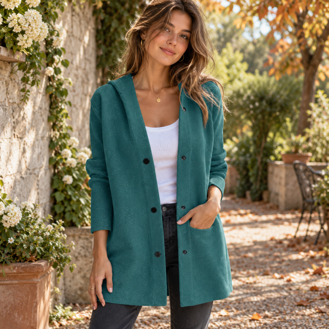Veste à capuche femme vert forêt avec poche latérale et boutons noirs