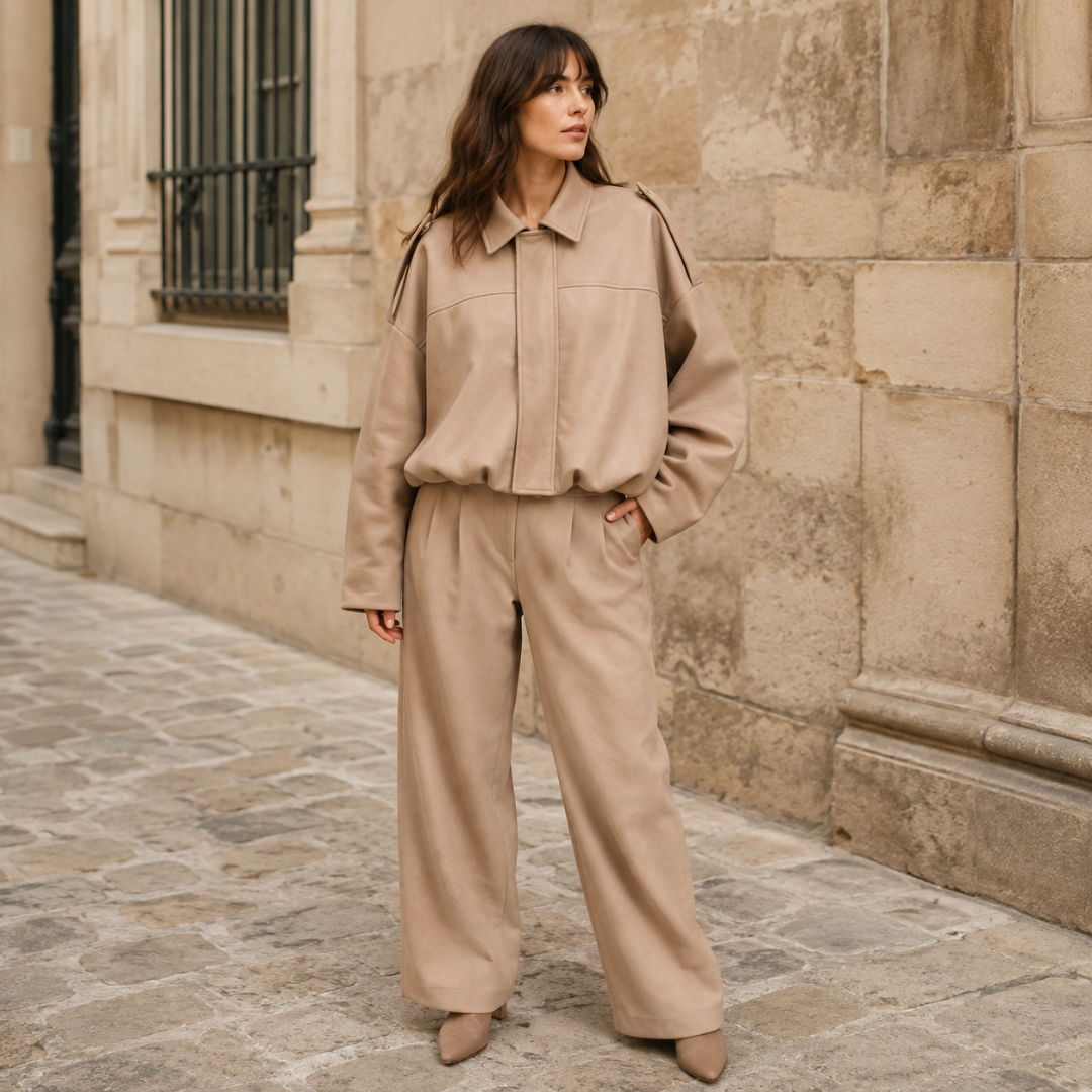 Veste bomber beige oversize à col chemise, portée avec un pantalon assorti