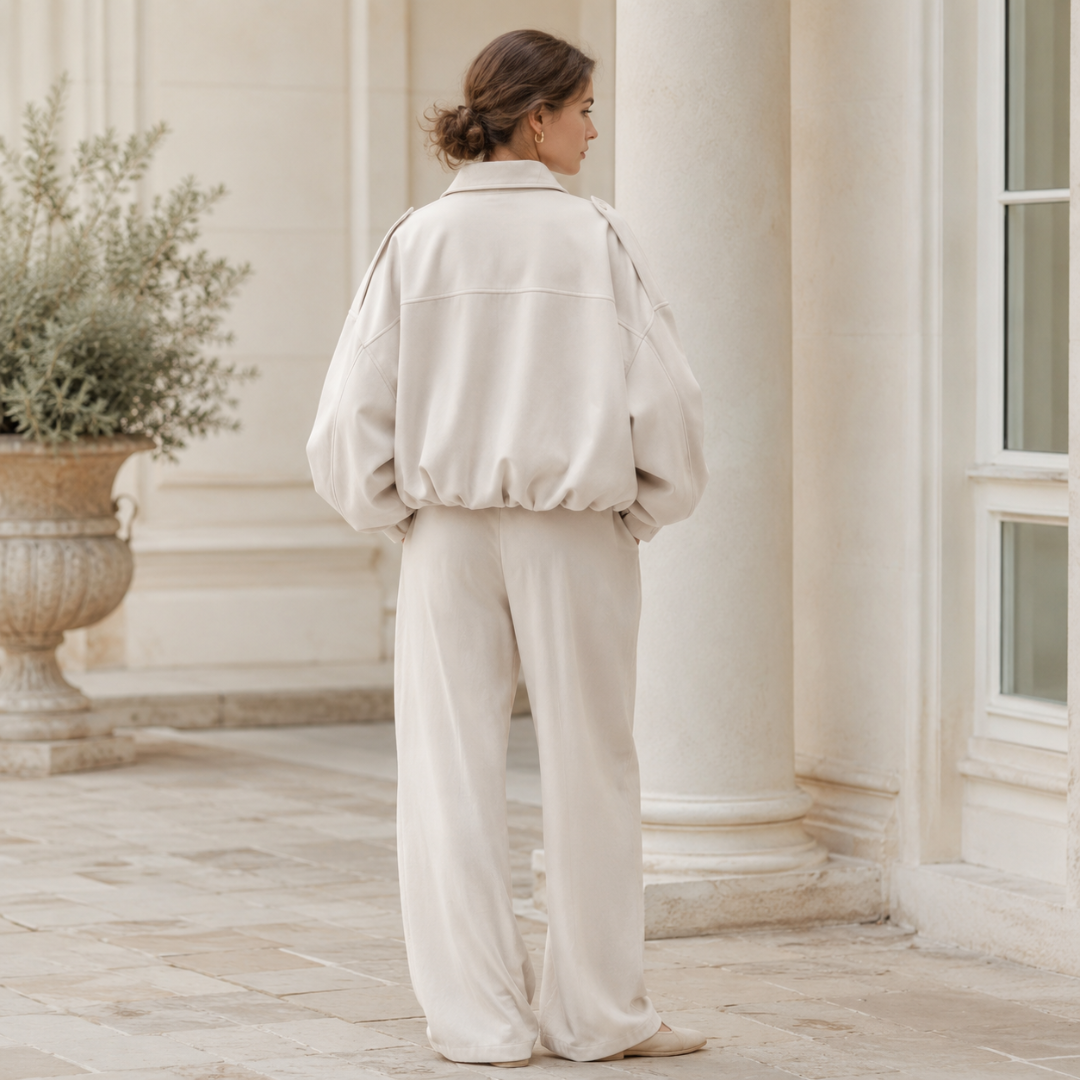 Dos de la veste bomber blanche avec découpe horizontale et bas élastiqué