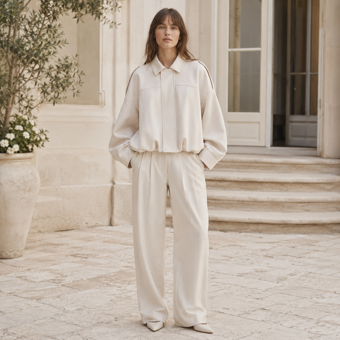 Veste bomber blanche oversize portée par une femme les mains dans les poches, épaules tombantes