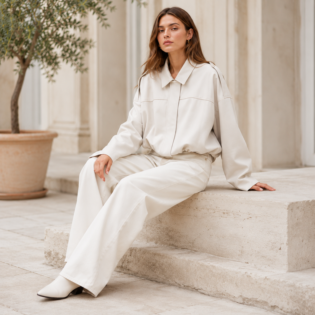 Femme assise portant une veste bomber blanche oversize à manches amples
