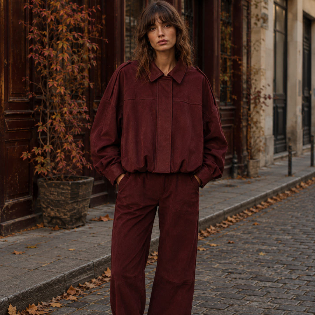 Veste bomber bordeaux oversize portée en total look dans une rue automnale