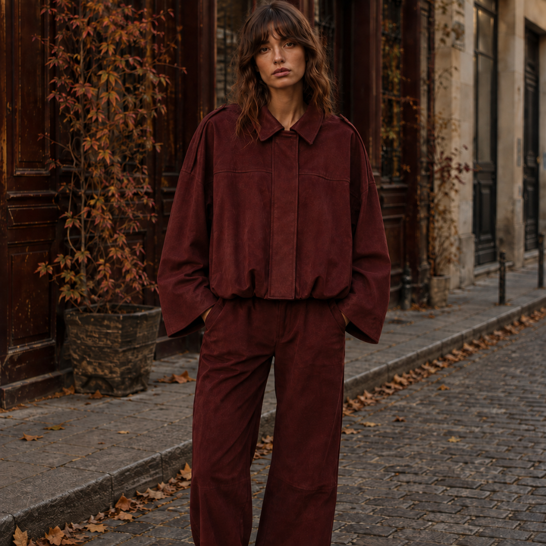 Veste bomber bordeaux oversize à col chemise et bas resserré, allure automnale