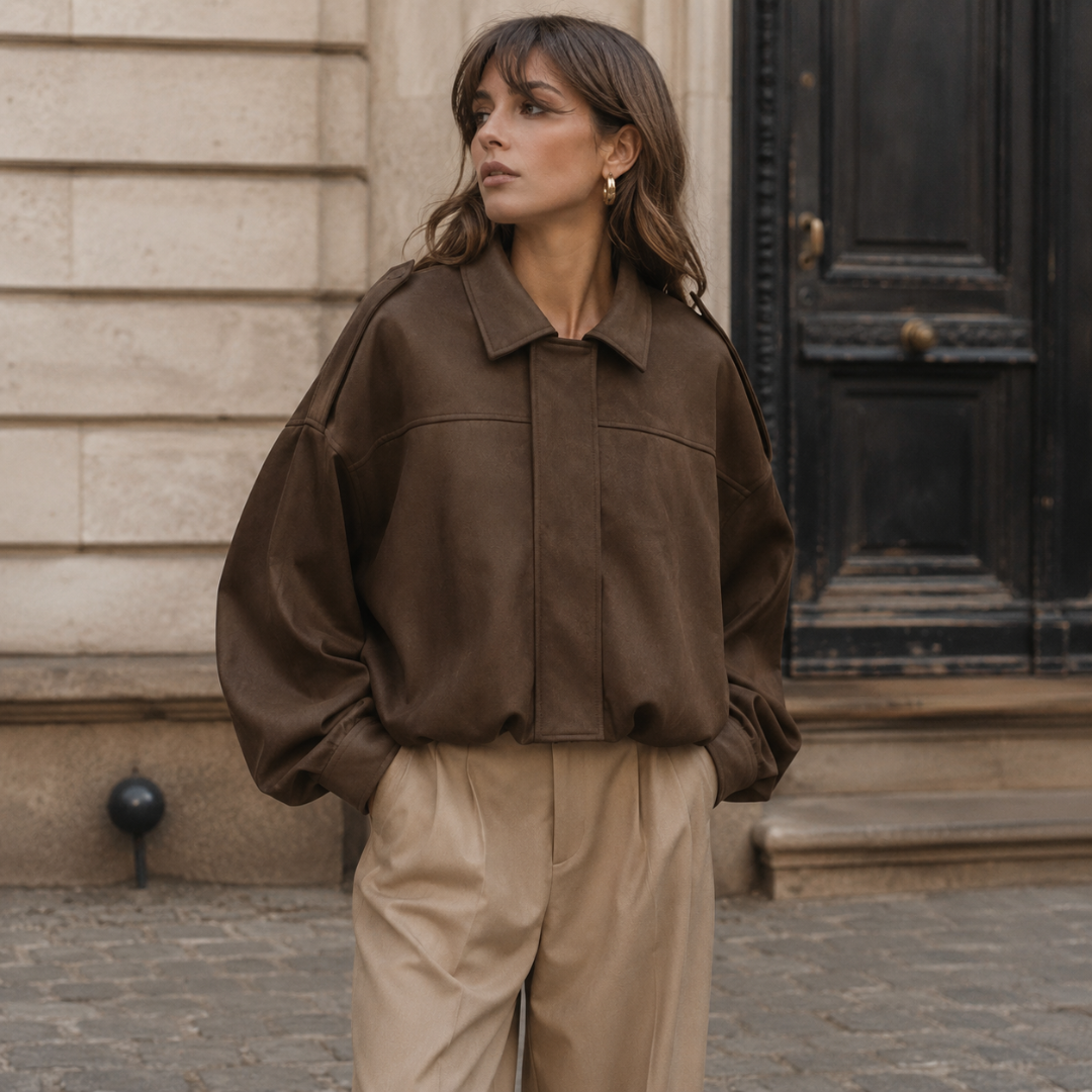 Gros plan sur la veste bomber marron, col chemise ouvert et découpe poitrine