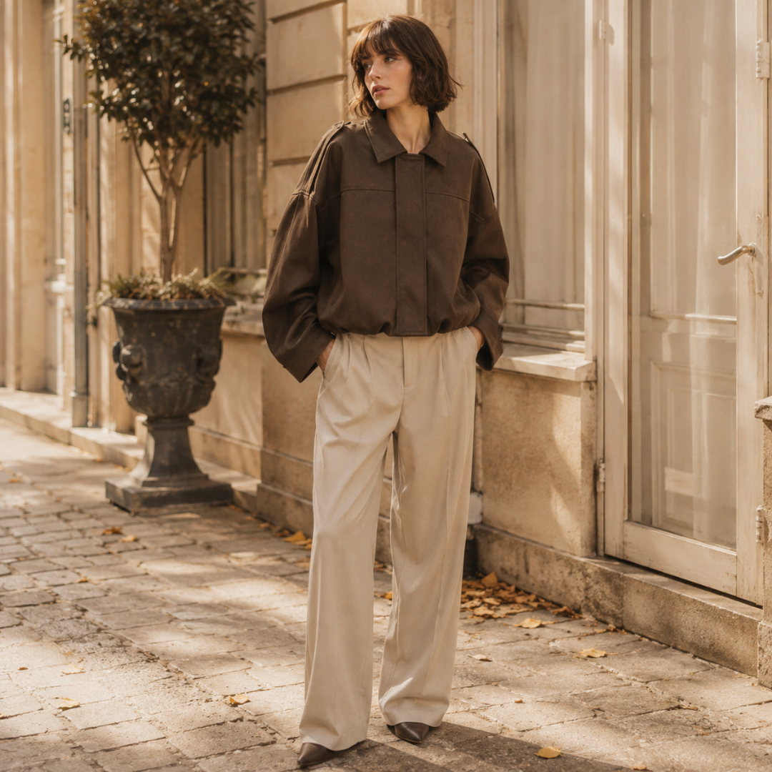Veste bomber marron oversize à col chemise associée à un pantalon large clair