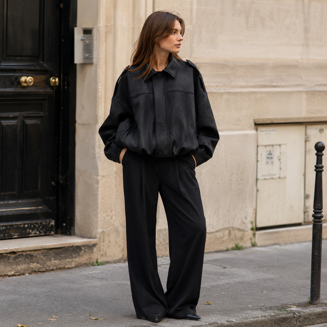 Veste bomber noire à pattes d'épaule, portée avec un pantalon large noir