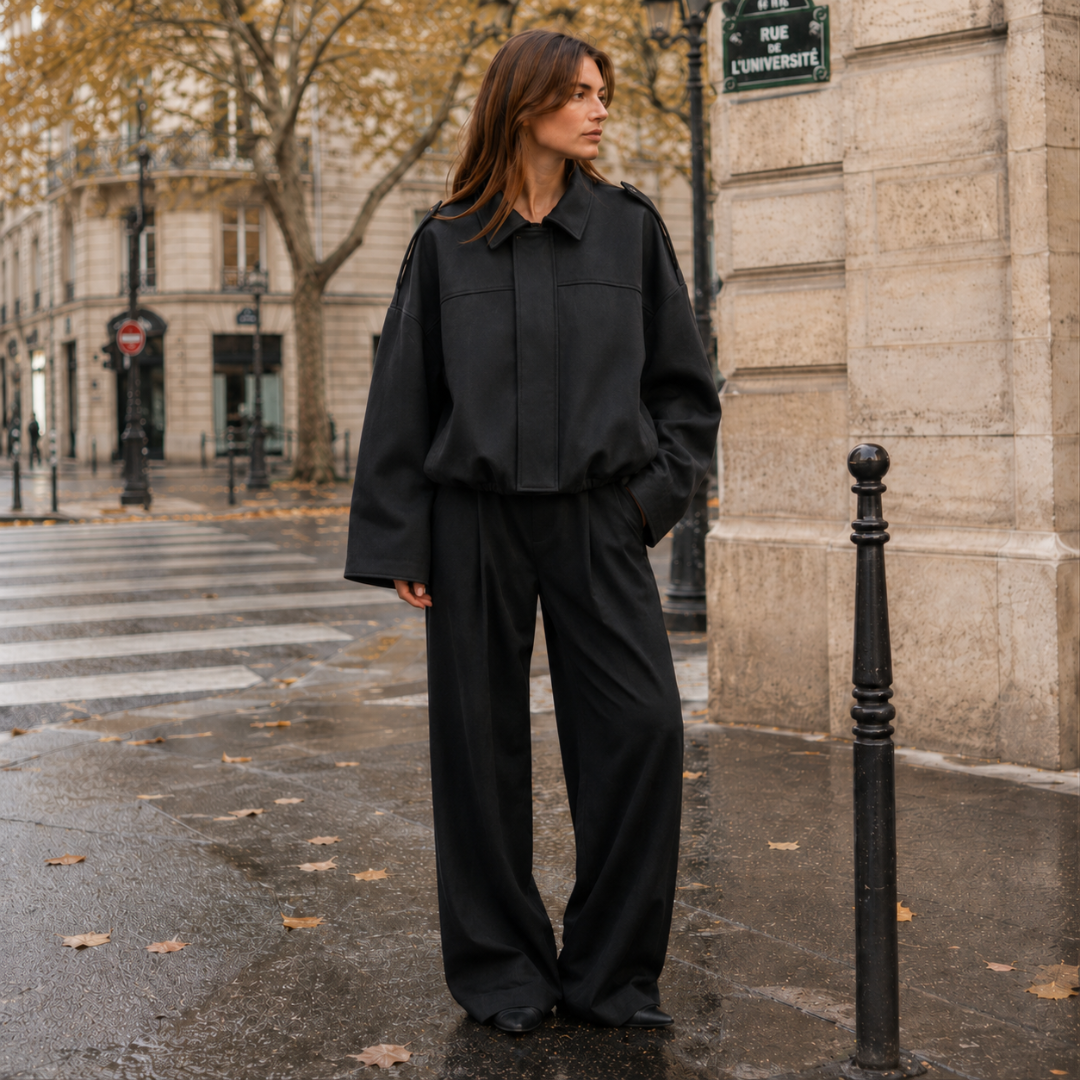 Veste bomber noire oversize à col chemise et épaulettes, silhouette urbaine