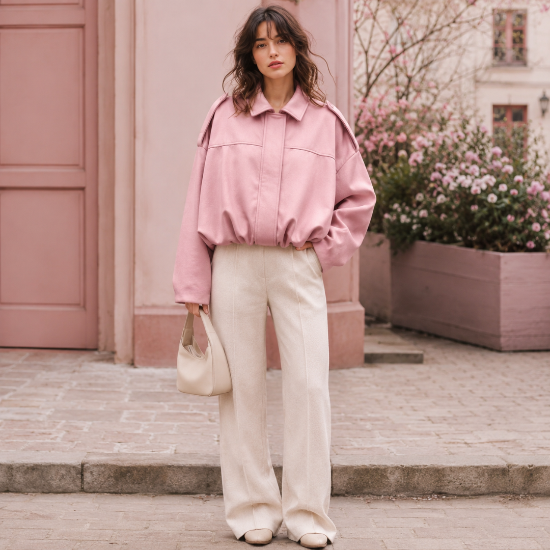 Veste bomber rose oversize à col chemise portée devant une façade fleurie