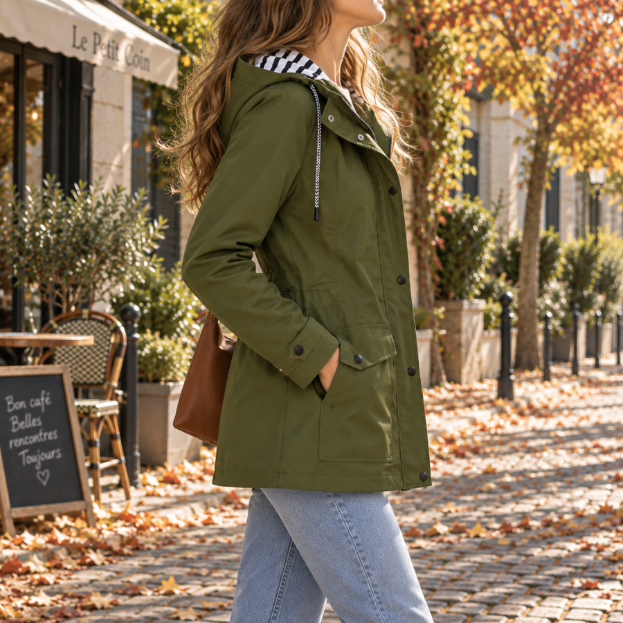 Profil de la veste vert armée à capuche, poignets à patte boutonnée et poche latérale
