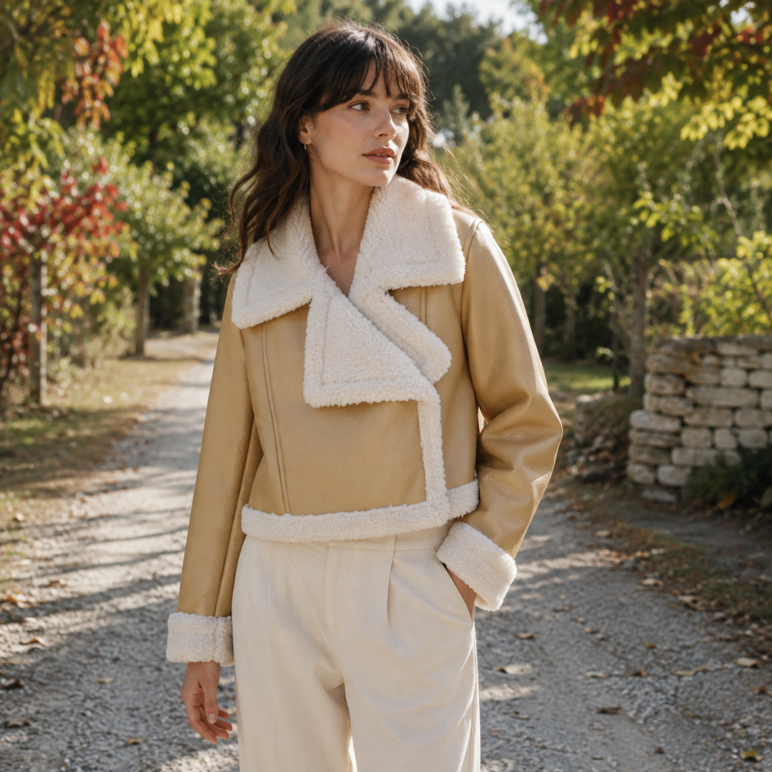Veste courte dorée à effet cuir, bordures duveteuses crème au col et à l'ourlet