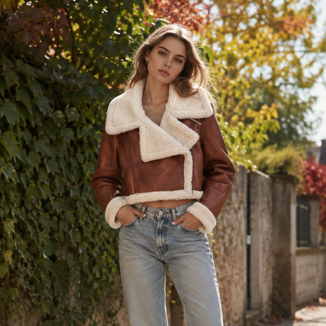Veste aviateur marron clair portée ouverte, devant croisé en pointe et col large