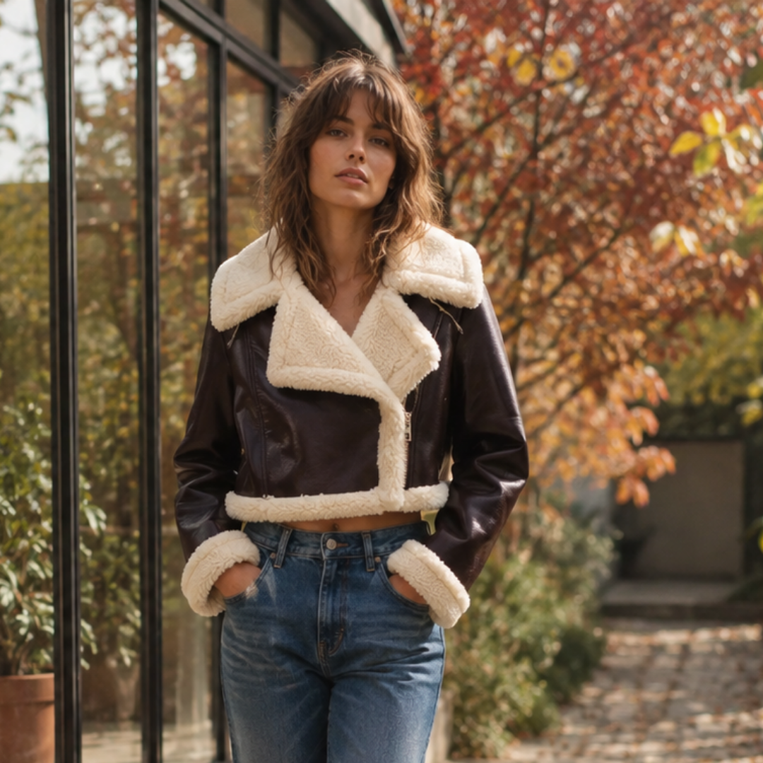 Veste aviateur femme marron foncé, zip asymétrique et bordures crème contrastées