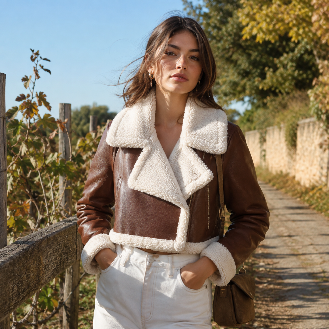 Veste courte marron à effet cuir avec col duveteux crème et ourlet bordé