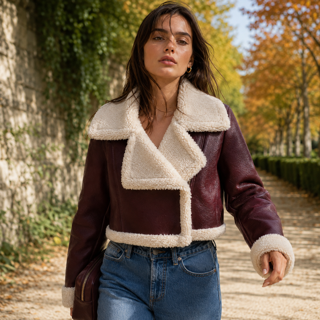 Veste aviateur femme rouge profond à effet cuir avec large col duveteux crème ouvert