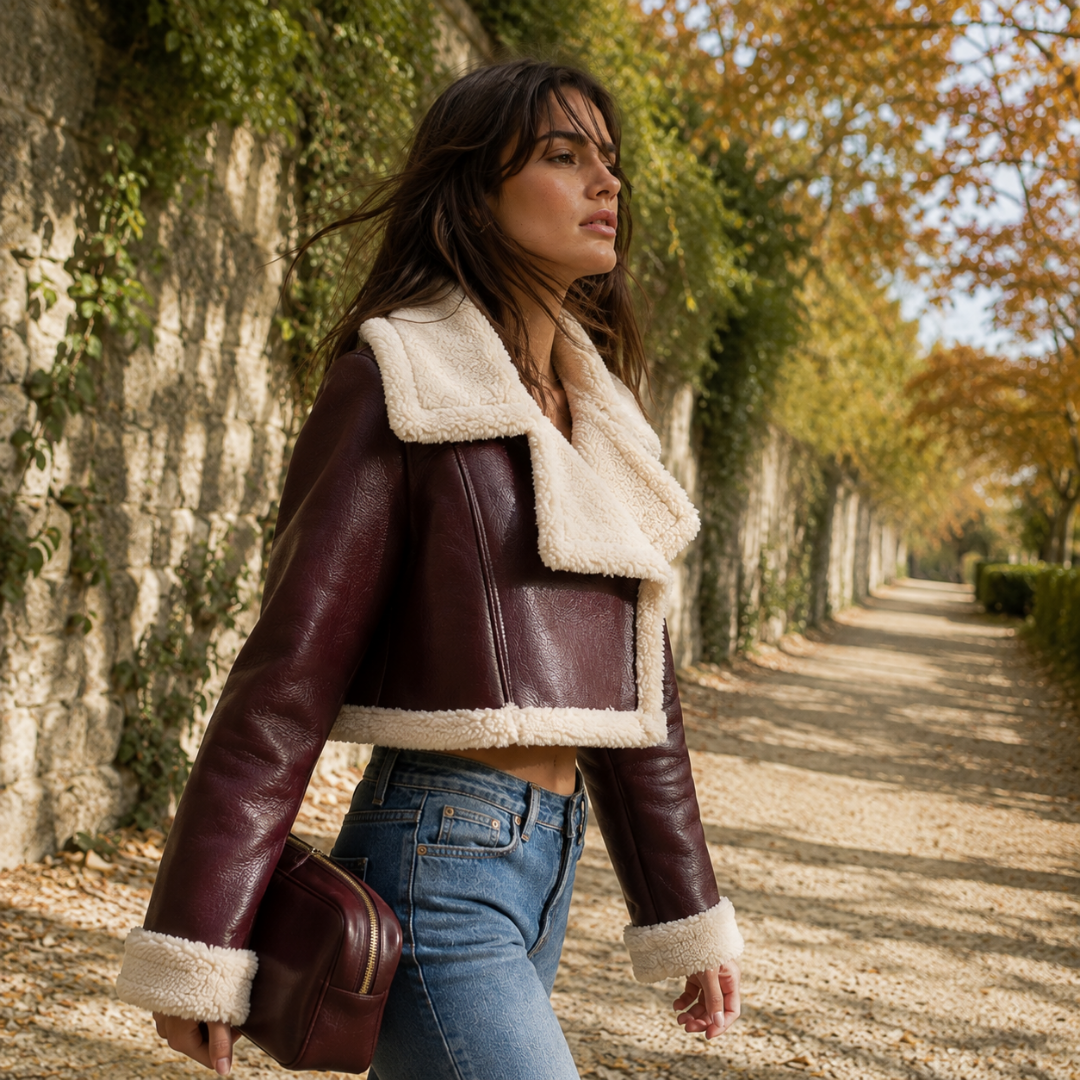 Vue de profil de la veste courte rouge, ourlet et poignets bordés de crème