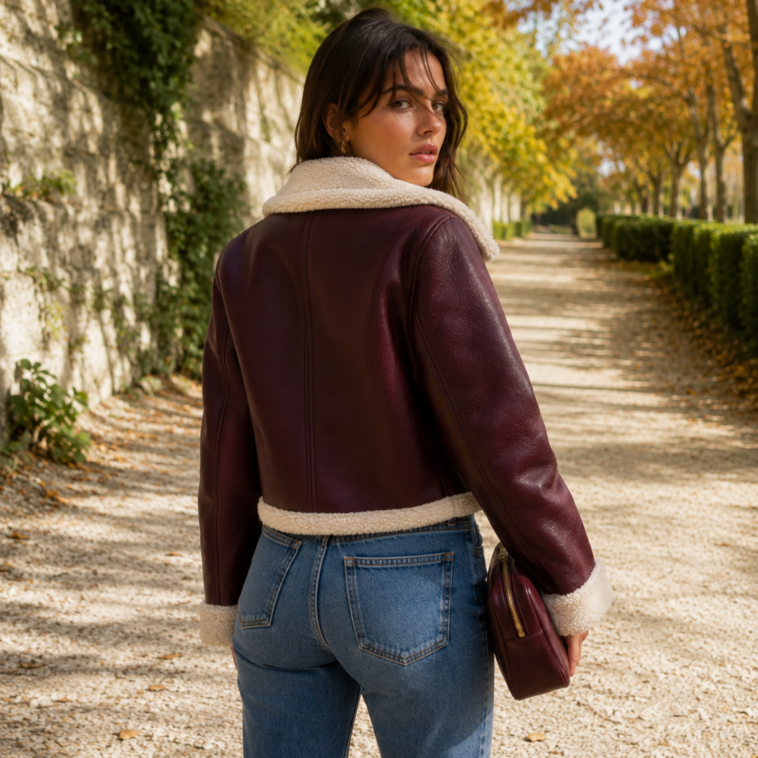 Dos de la veste courte rouge avec coutures verticales et col duveteux crème relevé
