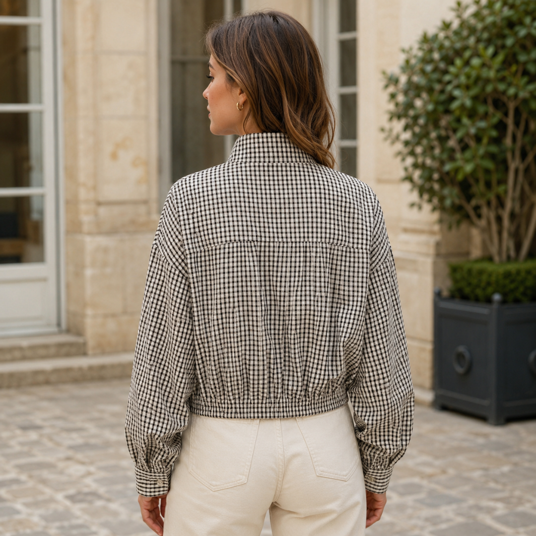 Dos de la veste bomber à carreaux noir et blanc, empiècement et bas élastiqué