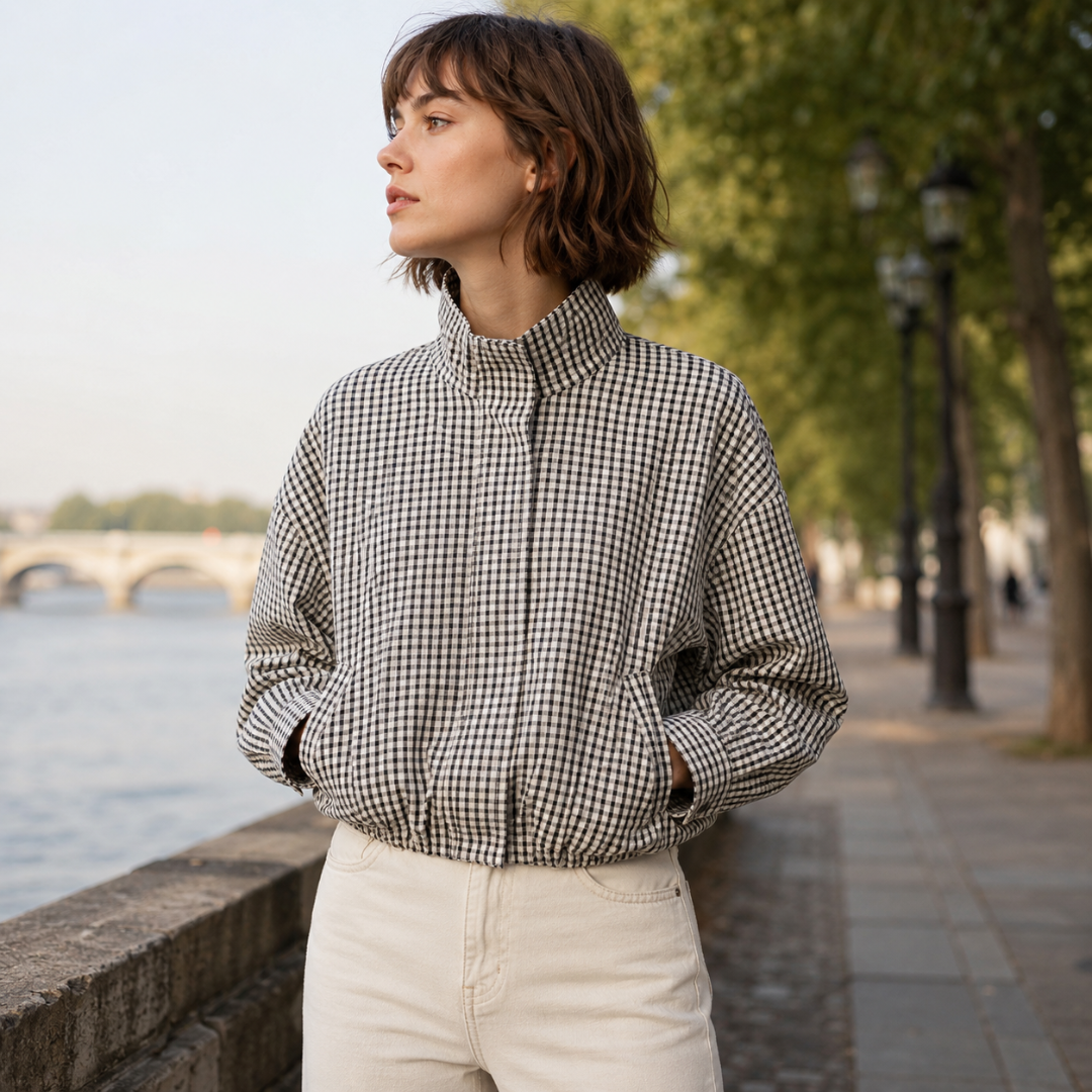 Veste bomber courte à carreaux noir et blanc portée col montant fermé au bord de l'eau