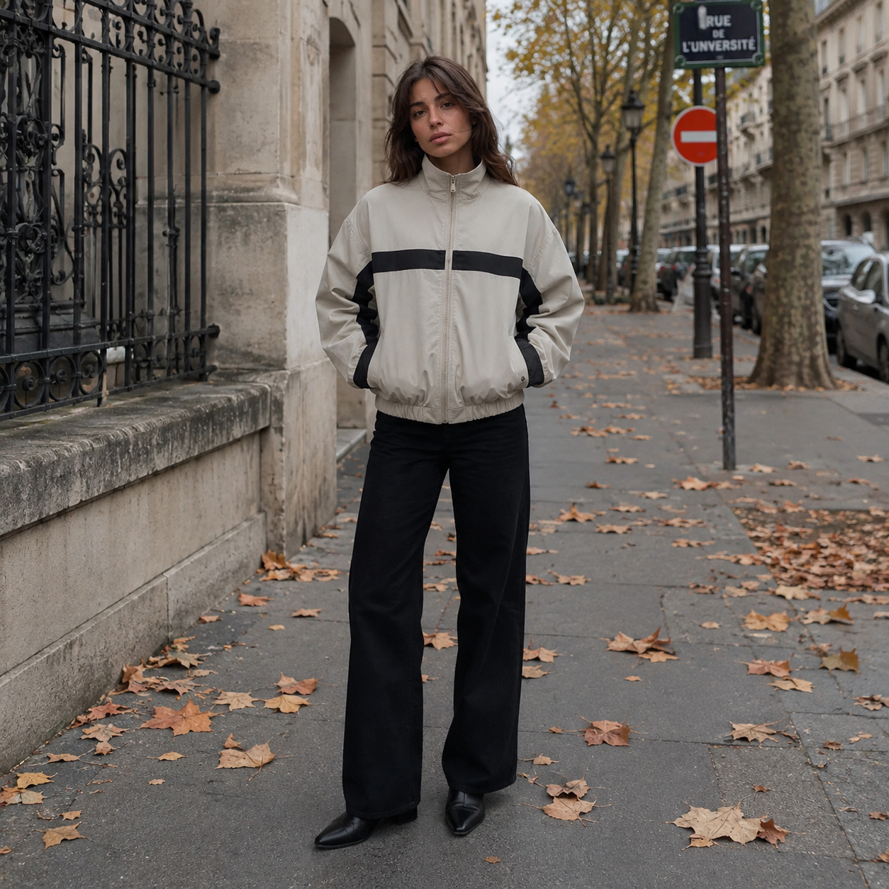 Veste bomber beige zippée, col montant et large bande contrastante sur le buste