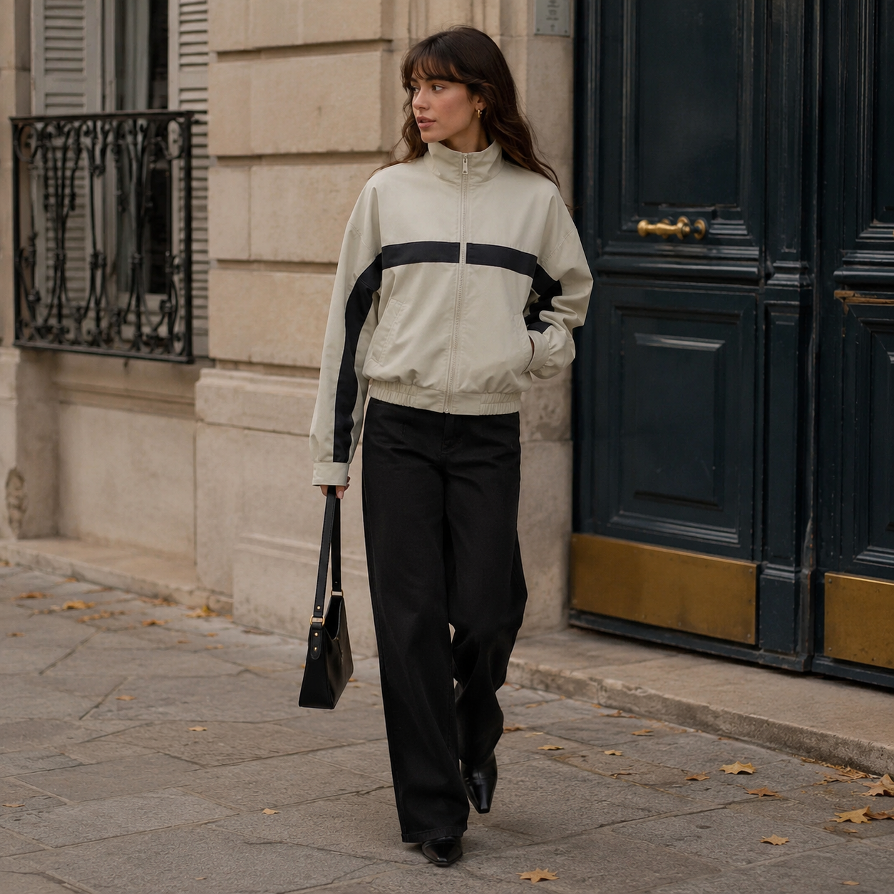 Veste bomber beige portée par une femme qui marche, poche latérale et fermeture zippée visibles