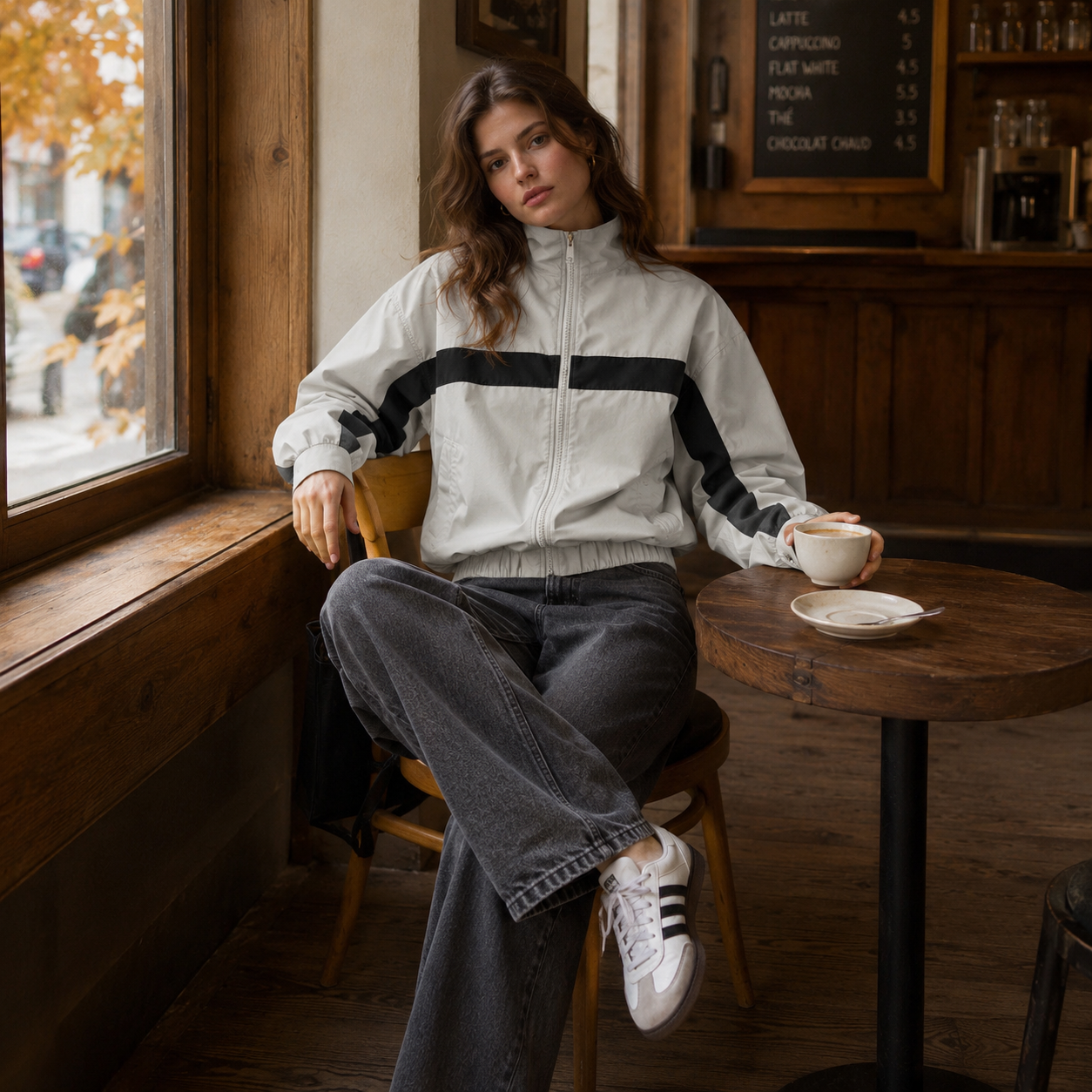 Veste bomber beige portée par une femme assise, manches longues et col montant relevé