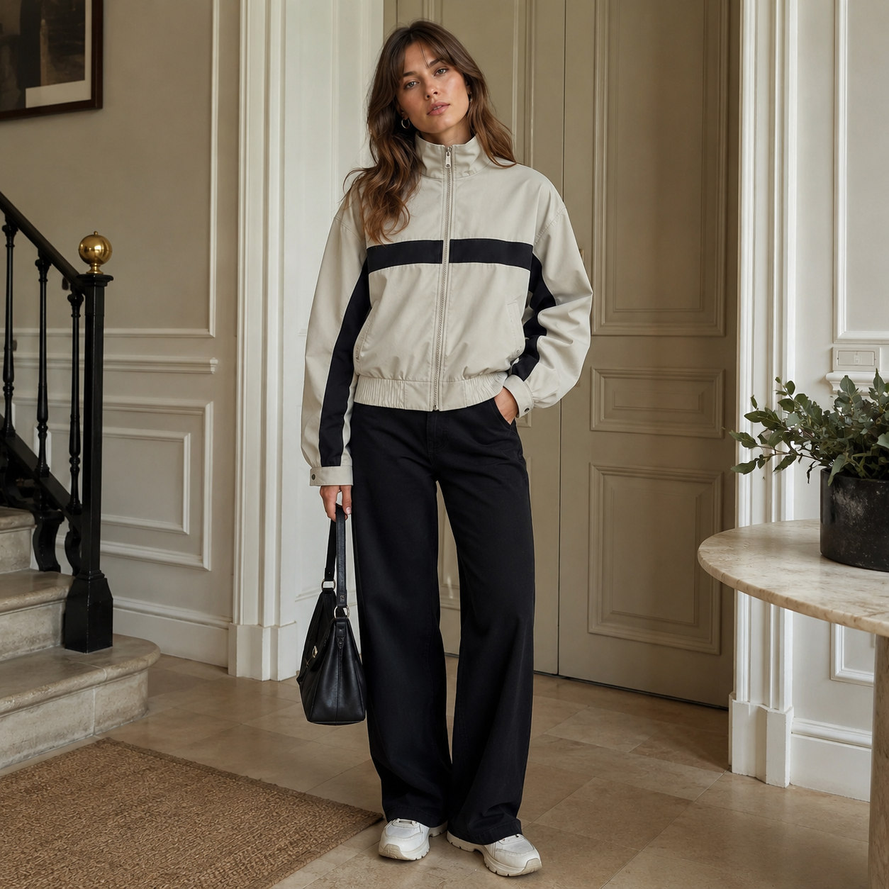 Veste bomber beige de face, main dans la poche et base élastiquée qui blouse