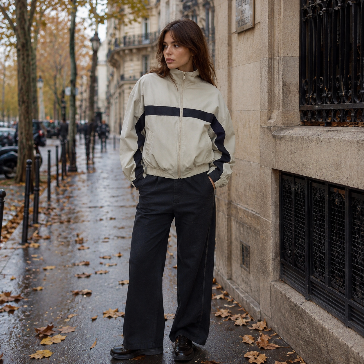 Veste bomber beige fermée jusqu'en haut, col montant droit dans une rue d'automne