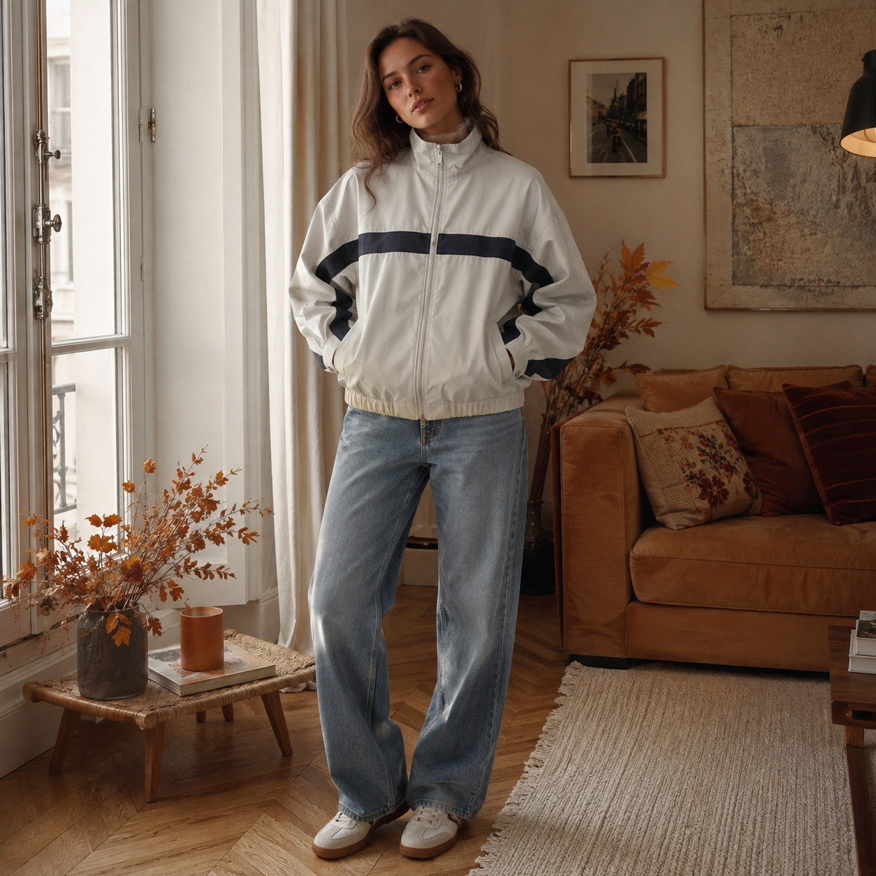 Veste bomber beige à coupe oversize, épaules tombantes et large bande contrastante