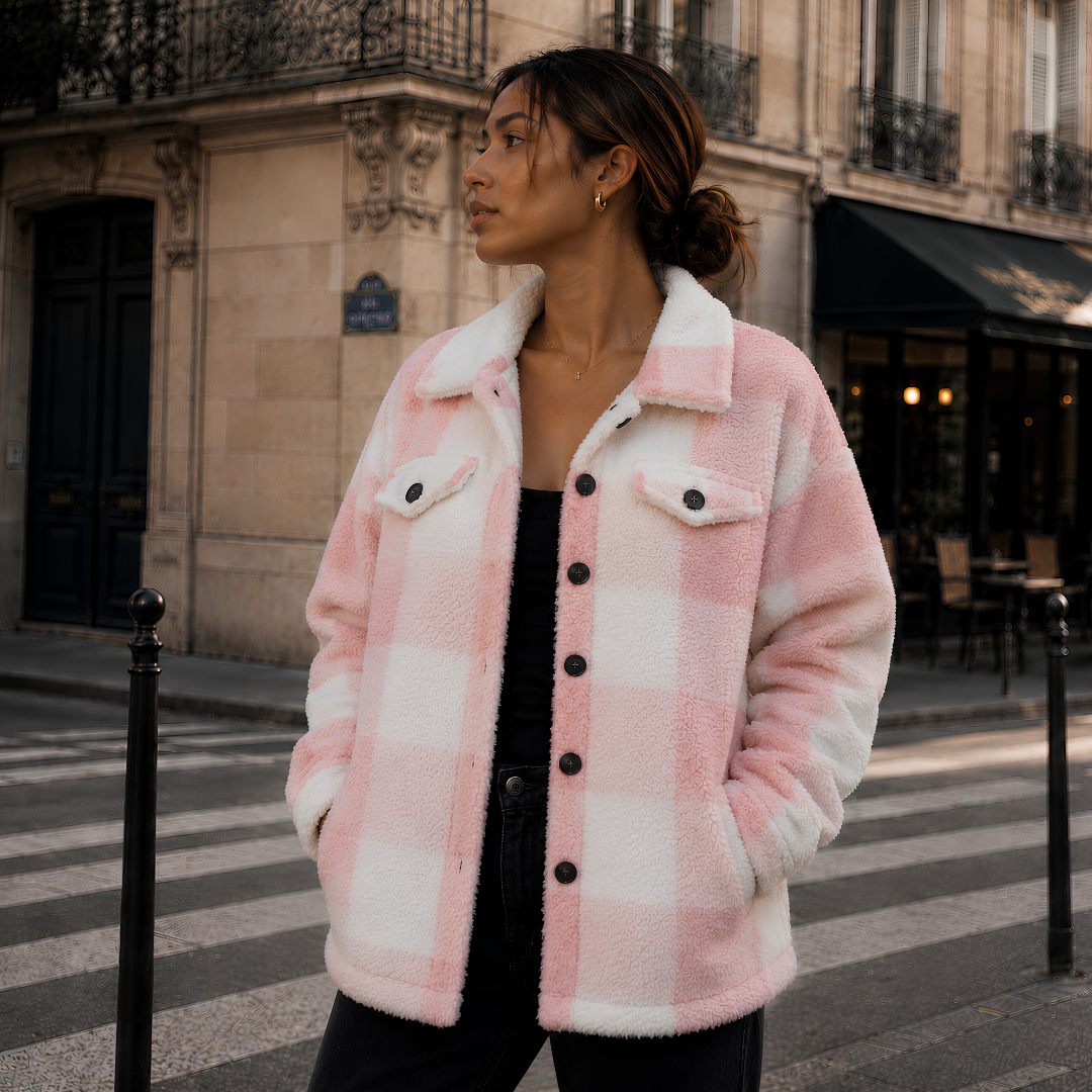 Veste femme à carreaux rose et blanc avec boutons foncés et col chemise