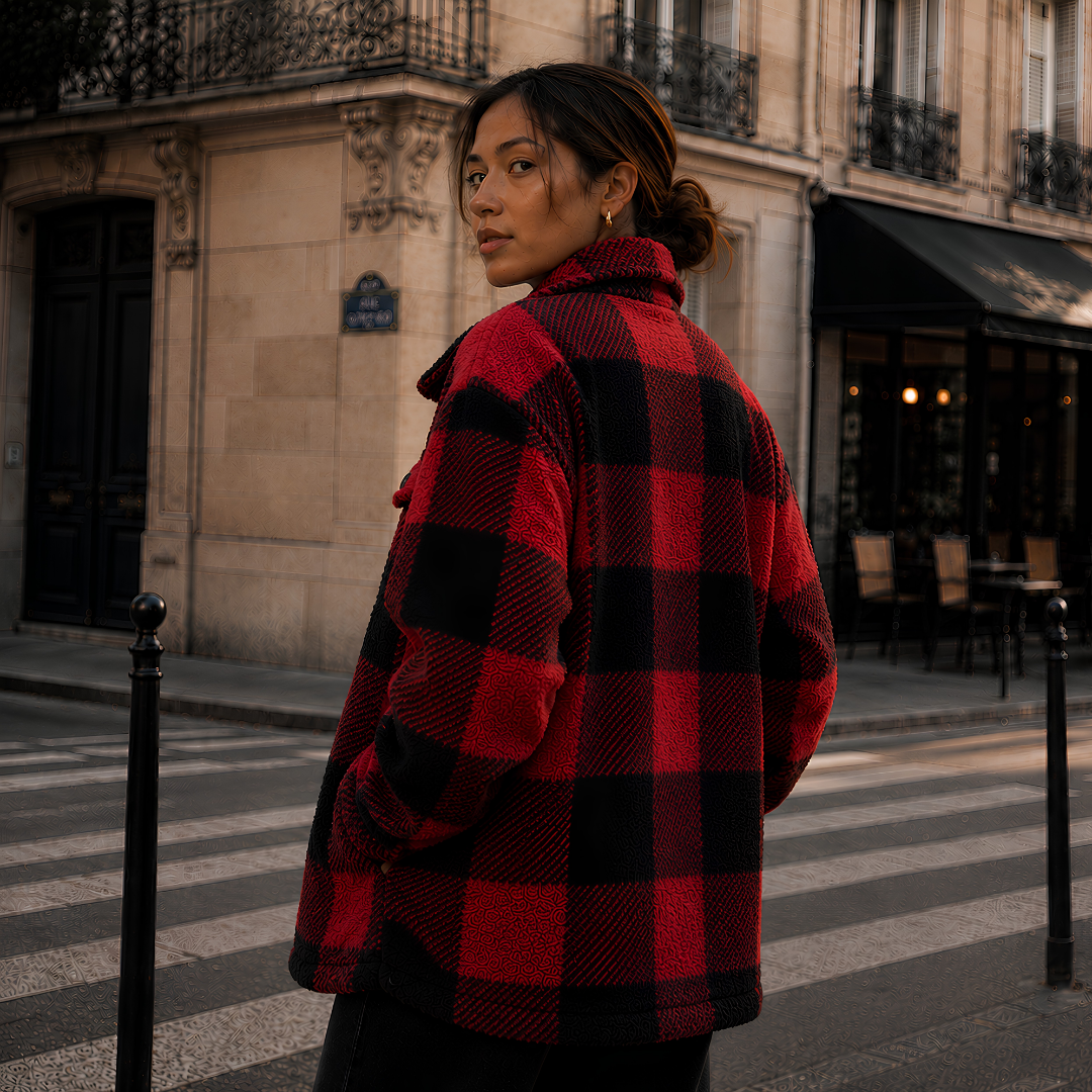 Veste femme à carreaux rouge et noir vue de dos, col chemise relevé