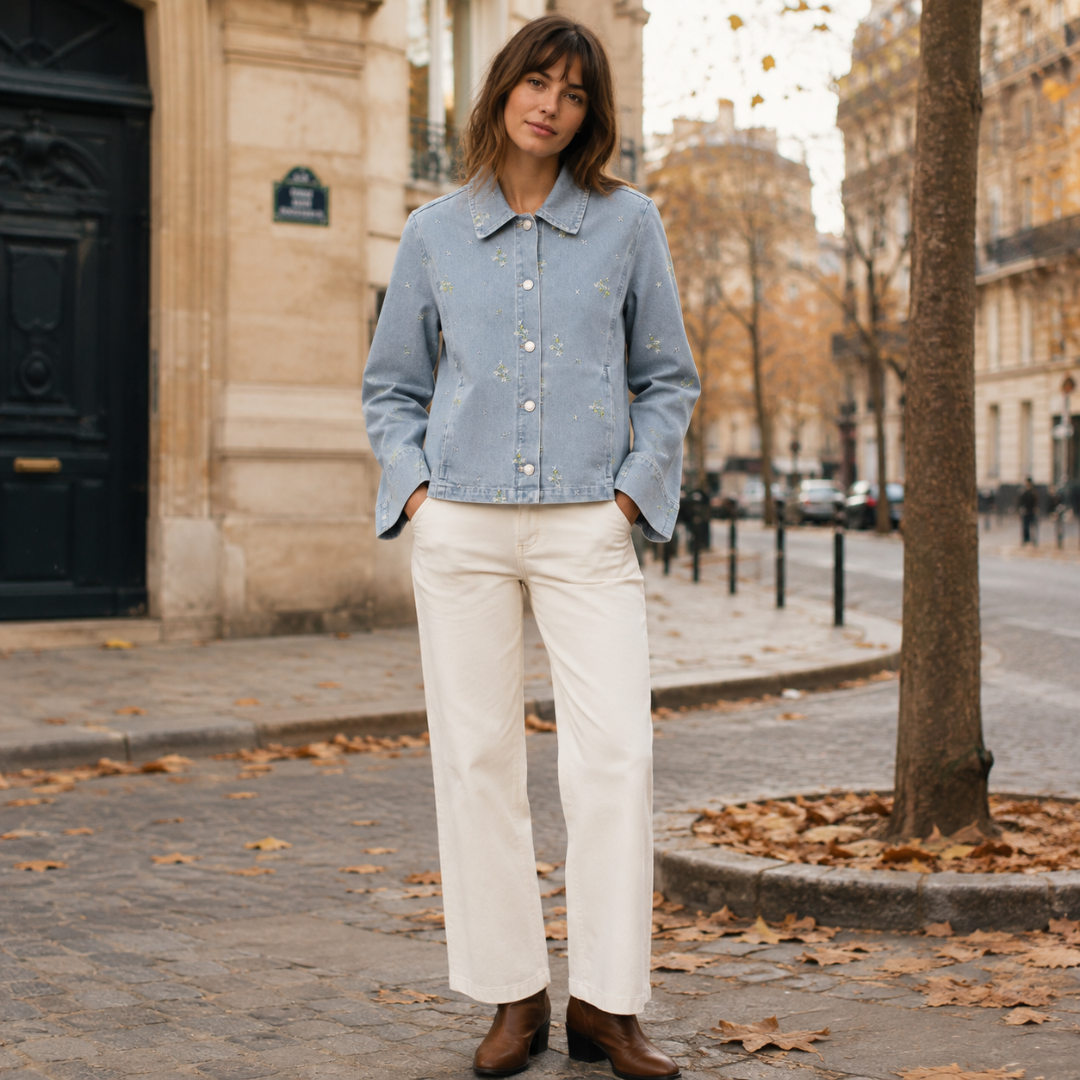 Veste femme courte bleu clair à broderies fleuries, col chemise et boutons argentés