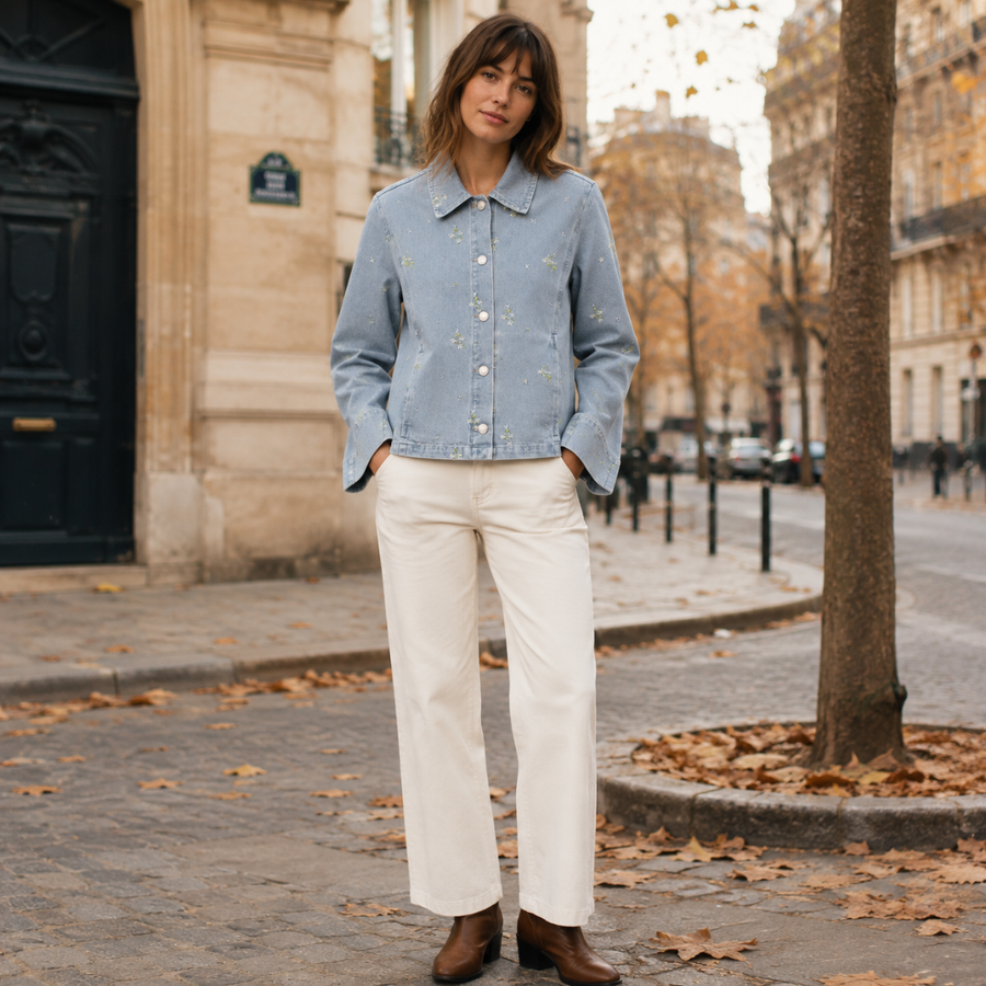 Veste femme courte bleu clair à broderies fleuries, col chemise et boutons argentés