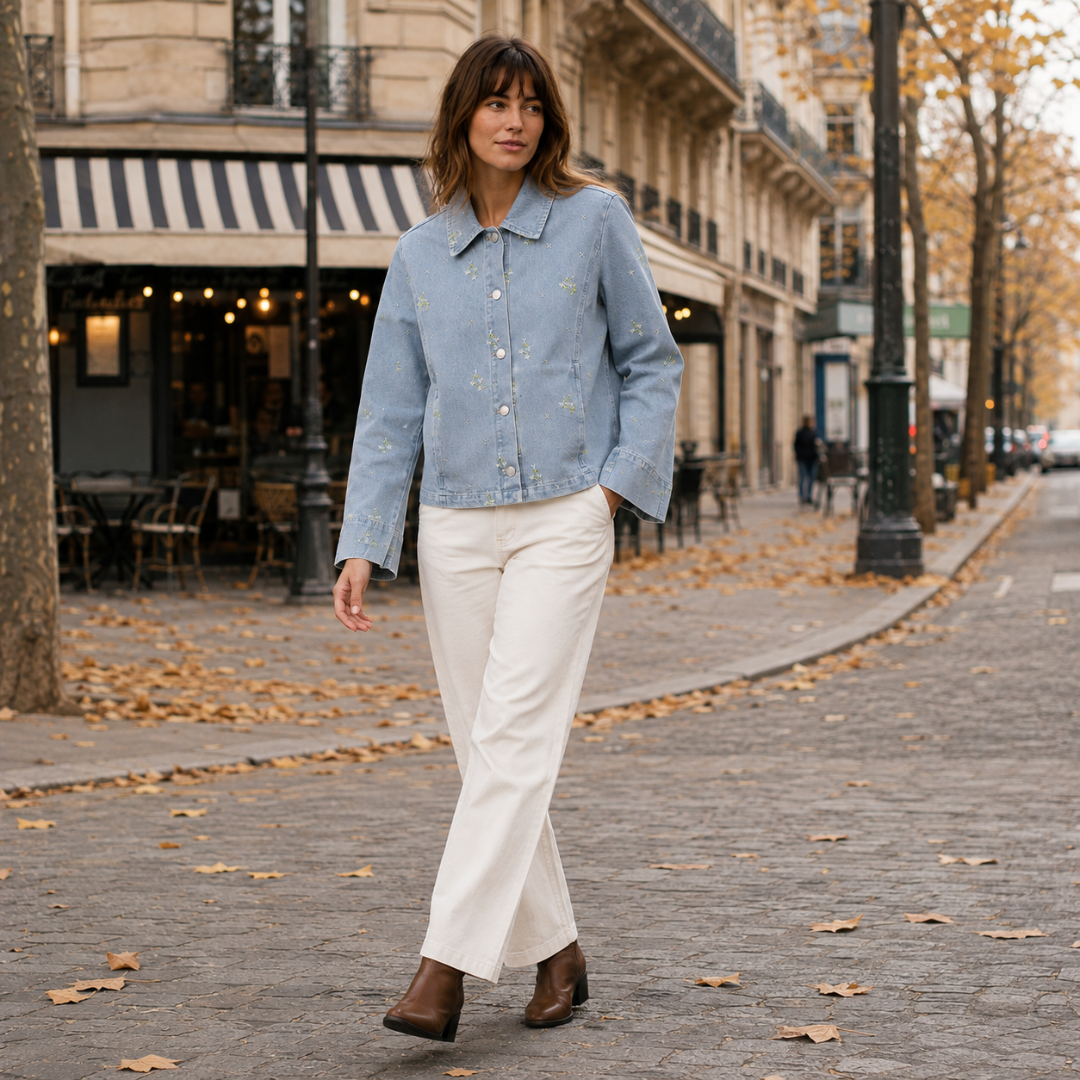 Femme en marche portant la veste bleu clair brodée de petites fleurs, coupe droite