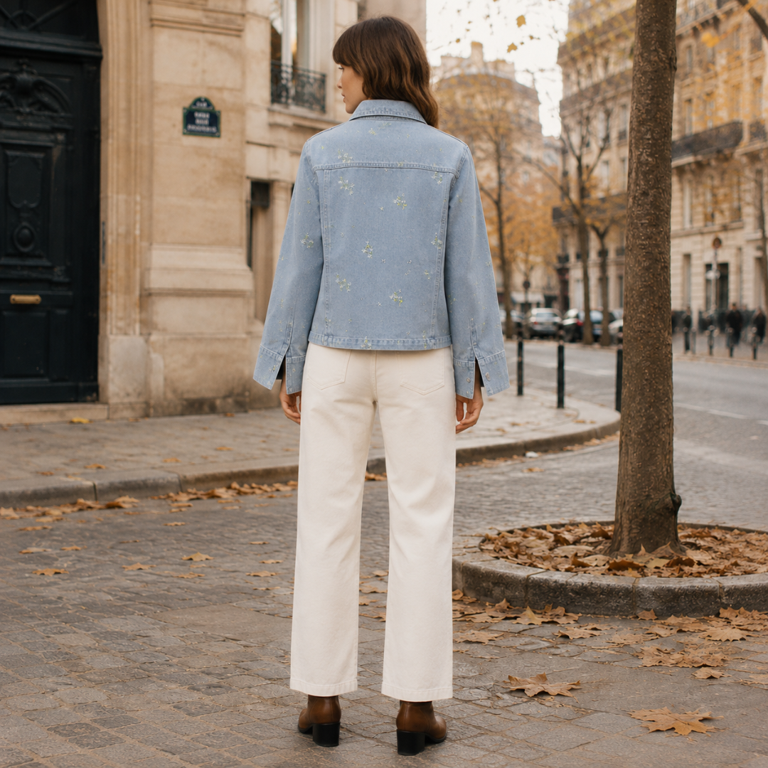Dos de la veste bleu clair, broderies fleuries dispersées et empiècement au dos